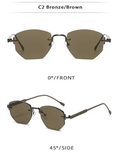 Front and side views of bronze rimless polygonal sunglasses with diamond cut lenses
