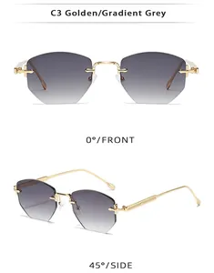 Detailed view of rimless polygon sunglasses with golden metal arms and gradient grey lenses.