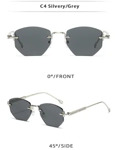 Silver rimless polygonal metal sunglasses shown from front and 45-degree side angles