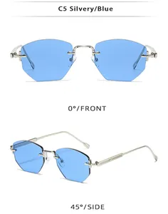 Rimless polygonal sunglasses with blue lenses and silver metal frame detail view