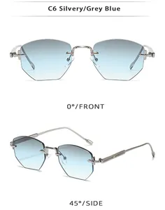 Detail showing front and 45-degree side views of rimless blue gradient sunglasses.