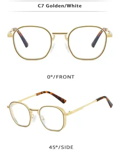 Vues détaillées de lunettes dorées à monture carrée en métal avec branches en écaille
