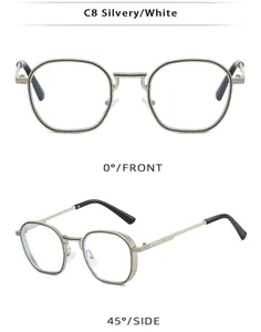 Détail montrant les vues de face et de côté des lunettes carrées en métal argenté.