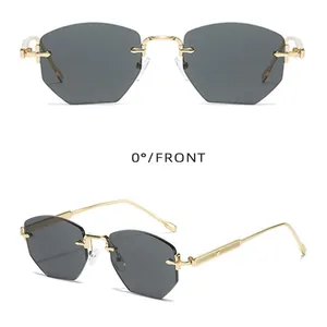 Rimless polygonal metal sunglasses with dark lenses for UV protection