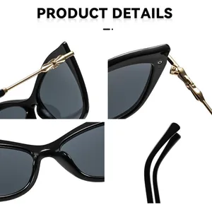 Lunettes de soleil chat tendance avec charnières décoratives en métal doré et cadre noir