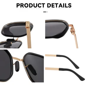 Macro detail of retro polarized sunglasses with gold-tone hinges and nose pads