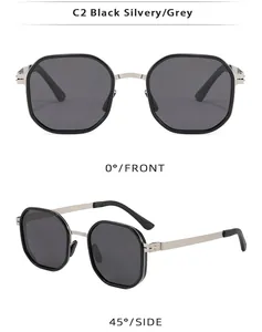 Retro polarized sunglasses with silver metal temples shown in front and side views