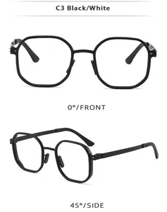 Detail views of retro black hexagonal frame sunglasses from front and side angles.
