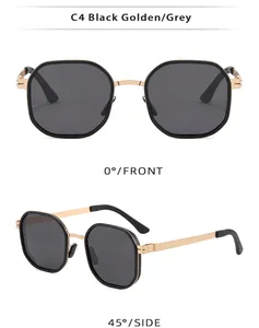 Retro polarized men's sunglasses with black frames and gold temples, front and side views.