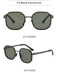 Vintage polygonal polarized sunglasses for men with gunmetal frame and green lenses