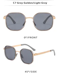 Front and side views of vintage polarized sunglasses with golden frames and grey lenses