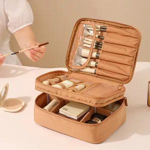 Double-layer Oxford cloth makeup travel bag with dedicated brush slots and compartments