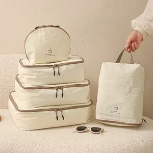 Premium Cremefarbenes Nylon-Reisepackwürfel-Set mit Schuhtasche für Kofferorganisation