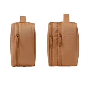 Portable brown Oxford cloth makeup bag set with single and double layer travel organizers