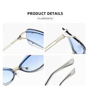 Viste dettagliate degli occhiali da sole cat eye in metallo Y2K con lenti blu fumo