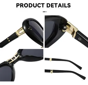 Macro details showing durable gold-tone hinges on stylish black foldable sunglasses for women
