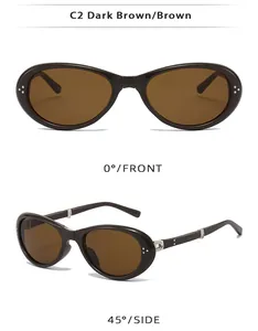 Folding sunglasses for women with brown lenses shown from front and side angles