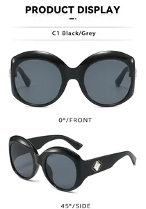Oversized round black sunglasses with gray lenses shown from front and side angles