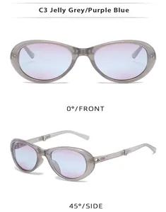 Detail of foldable grey sunglasses with purple-blue gradient lenses in two views
