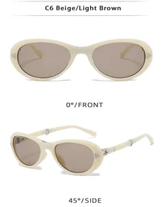 Detailed views of beige folding sunglasses with light brown lenses from front and side angles.