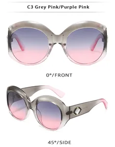 Detail views of oversized round sunglasses featuring gradient lenses and rhinestone temple decor.