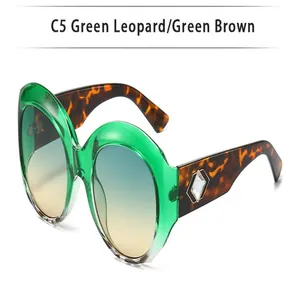 Close-up of oversized green round sunglasses with leopard print temples