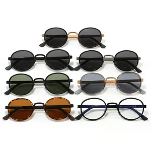 Collectie retro ronde zonnebrillen in diverse kleuren en stijlvolle metalen frames