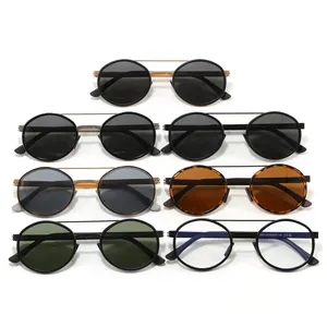 Lunettes de Soleil Polarisées à Monture Ronde pour Hommes Double Pont Rétro Protection UV400 Monture en Métal pour Conduite en Extérieur Mode