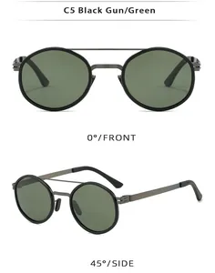 Lunettes de soleil rondes en métal noir gun avec verres verts sous deux angles