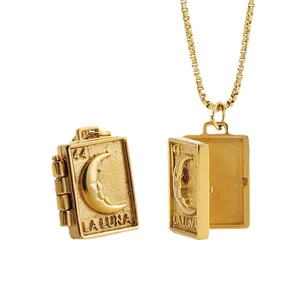 Vintage 18K gold plated stainless steel locket necklace with La Luna crescent moon