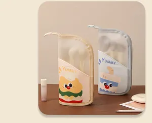 Cartoon makeup brush storage pouches with cute burger and bubble tea illustrations