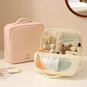 Modern Minimalist Polyester Large Capacity Makeup Bag Solid Color Travel Toiletry Storage Case Multi Layer Organizer Bag For Women