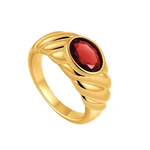 Vintage 18K gold plated croissant ring with large oval red zircon gemstone