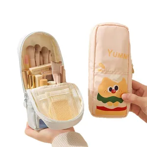 Portable cartoon makeup brush storage bag with cute burger cat design and zipper closure