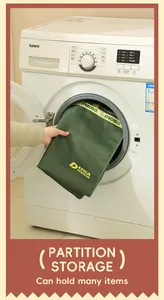Detail of a green washable clothing storage bag being placed inside a washing machine