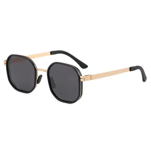 Retro polarized sunglasses featuring black hexagonal frames and stylish gold metal arms