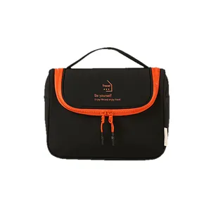 Trousse de toilette portable en nylon noir de grande capacité avec fermeture orange