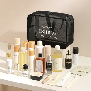 Trousse de toilette de voyage en filet noir portable pour organiser les cosmétiques