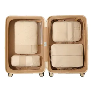 6-delige set beige samendrukbare Oxford stoffen inpakorganizers voor koffers op reis