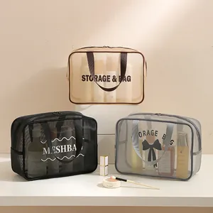 Trousses de toilette en filet imperméables et respirantes en beige, noir et gris