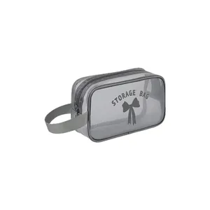 Sac de rangement en filet gris portable pour produits de toilette avec poignée