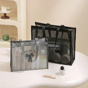 Large Capacity Mesh Nylon Tote Bag Translucent Breathable Makeup Wash Bag Portable Toiletry Organizer Handbag For Travel Bathroom Women