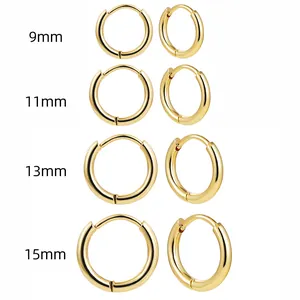 Gold plated stainless steel hoop earrings available in 9mm, 11mm, 13mm, and 15mm