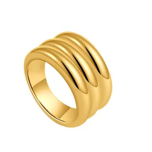 Elegant 18K gold-plated triple-ridged croissant ring with polished chunky geometric design