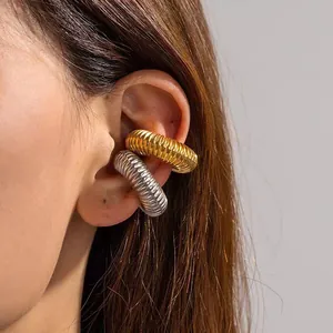 18K Gold Plated Stainless Steel Spiral Ear Cuffs For Women Chunky Cylindrical C Shaped Non Pierced Earrings Fashion Jewelry
