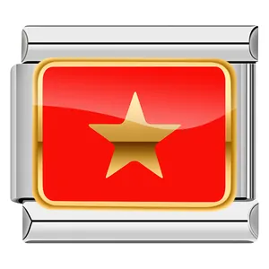 Close-up macro detail of stainless steel Italian modular charm featuring Vietnam flag design