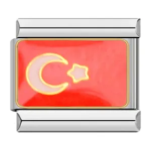 Close-up of Turkish flag design stainless steel modular charm for DIY link bracelet link