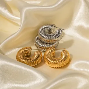 Chunky 18K gold plated stainless steel spiral textured hoop earrings for women
