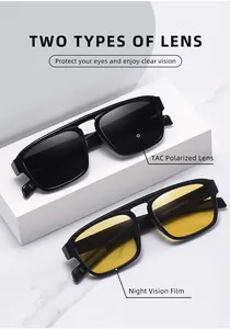 Detail showing two lens options: TAC polarized and night vision film sunglasses.