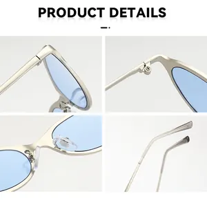 Detailed macro views of retro cat-eye sunglasses showing hinges, nose pads, and temples.
